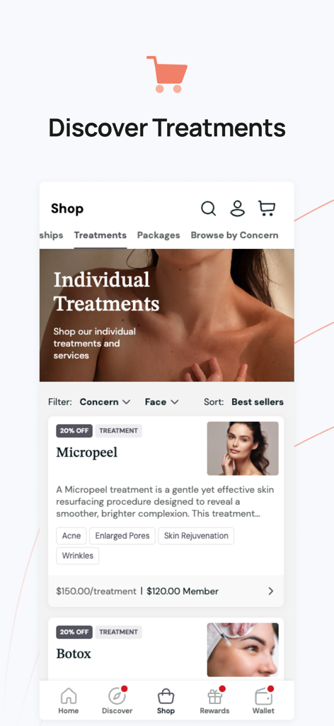 MyRepeat: Patient Rewards - Page de navigation dans l'application pour les traitements esthétiques comme Micropeel et Botox avec des réductions d'adhésion.