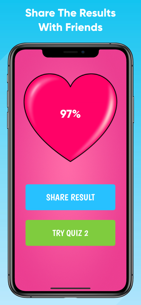 Love Tester app results screen showing a 97 percent match with a share button.