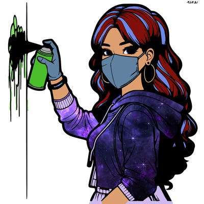 realistic girl with mask spray painting a wall