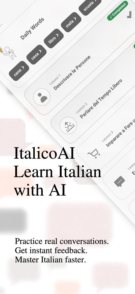 ItalicoAI mobile app interface showing Italian language lessons and daily vocabulary