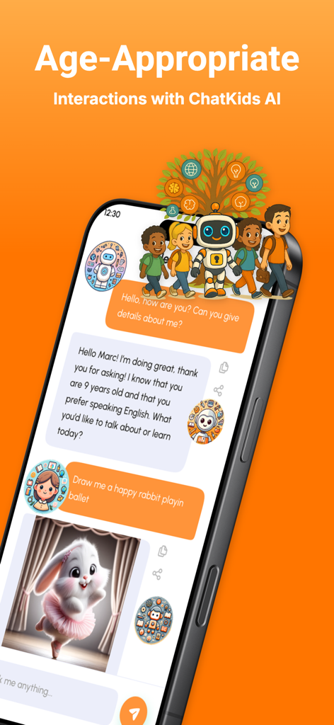 Chat Kids app interface showing safe AI interactions and a generated image of a ballet rabbit.