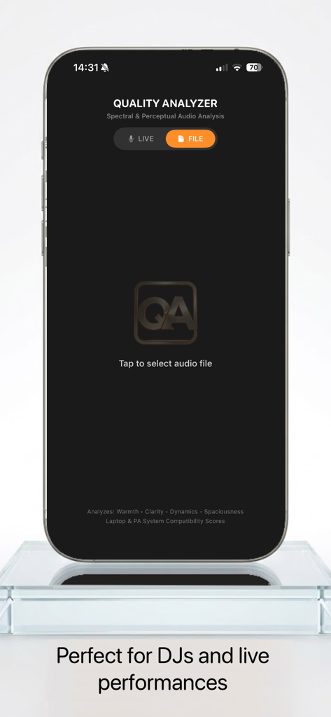 Quality Analizer - Quality Analyzer mobile app interface for selecting an audio file for analysis.