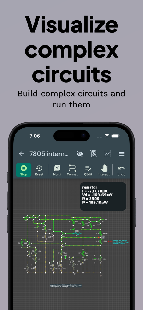 VoltSim - circuit simulator - Interface do aplicativo VoltSim exibindo um esquema complexo de circuito eletrônico com dados de simulação em tempo real