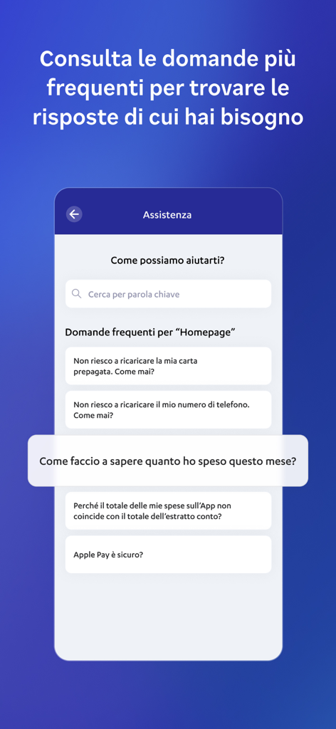 Nexi Pay app support screen showing frequently asked questions and search bar