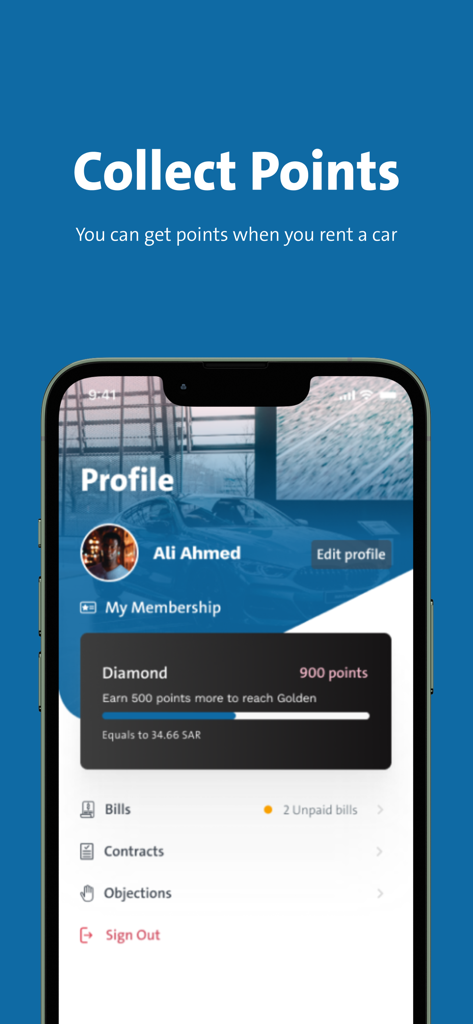 Theeb Rent A Car mobile app profile page displaying loyalty points and diamond membership status.