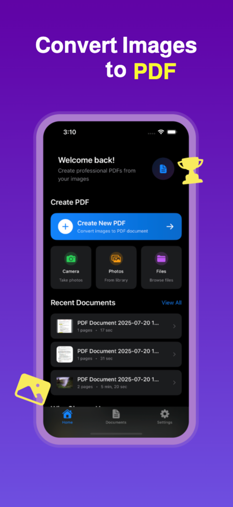 Tela inicial do aplicativo Image to PDF mostrando opções para criar um PDF a partir da câmera, fotos ou arquivos.
