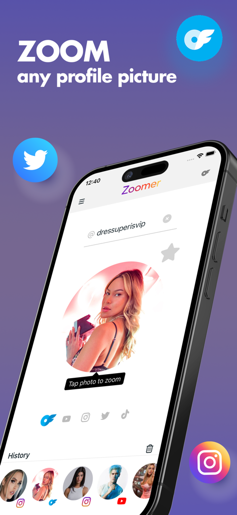 iPhone displaying the Zoomer app interface for zooming into social media profile pictures with logos for OnlyFans, Twitter, and Instagram