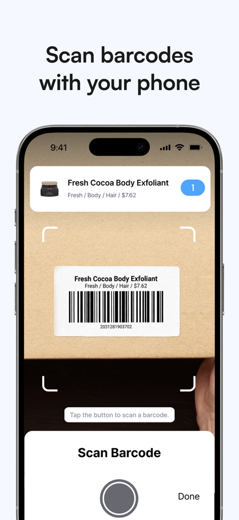 BoxHero app scanning a barcode on a product box using a smartphone