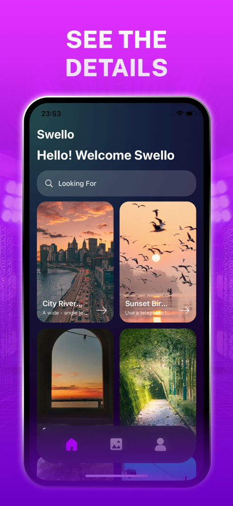 Swello - Swello app interface featuring a photography learning feed with urban and nature scenes.