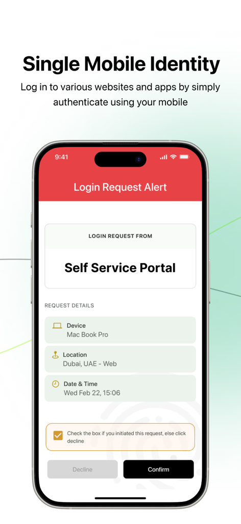 A smartphone displaying a UAE PASS login request notification for a self-service portal including device and location details