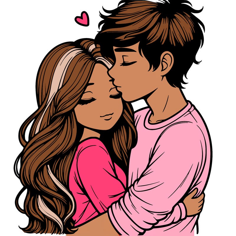 a realistic couple boy and girl hugging and kissing