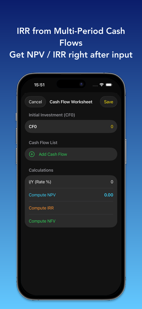 FinCalc app interface showing a cash flow worksheet for computing NPV and IRR
