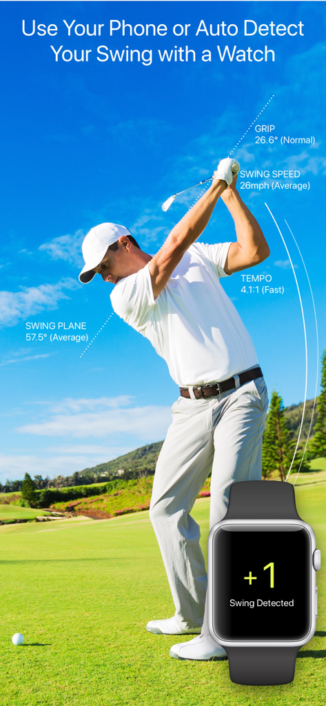 Golf GPS ++ - A golfer swinging a club with digital overlays of swing speed and tempo metrics next to an Apple Watch showing shot detection.