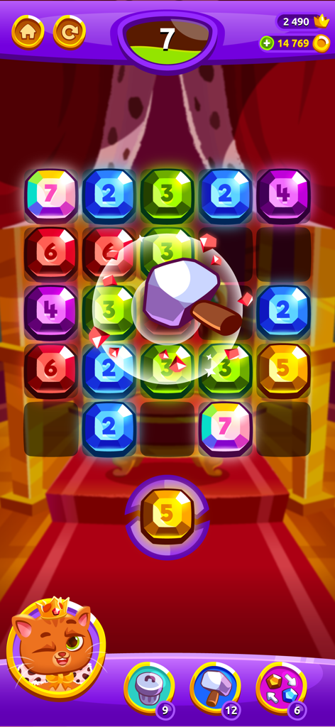 Bubbu Jewels - Merge Puzzle - Gameplay del puzzle di unione di Bubbu Jewels che mostra gemme numerate su una griglia e un potenziamento martello