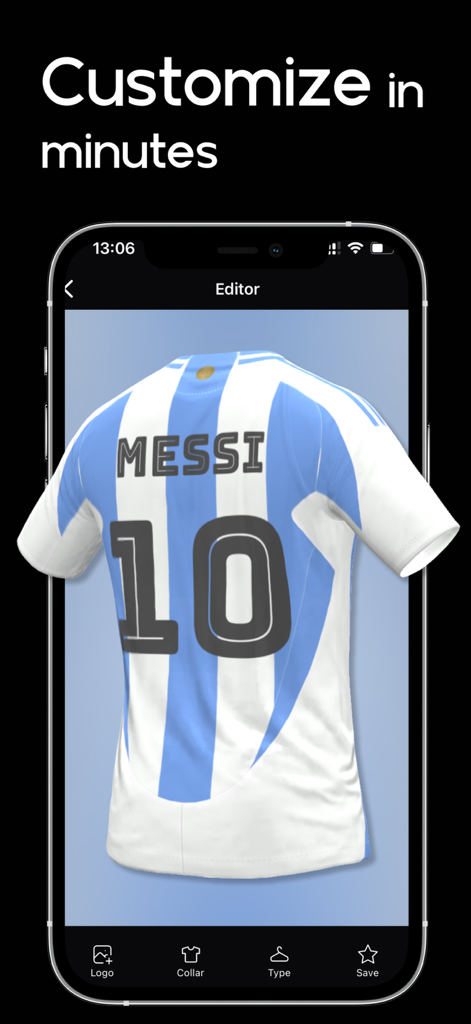Schermata dell'iPhone che visualizza l'editor dell'app FCKit con una maglia personalizzata in stile Argentina 3D con il numero 10 di Messi