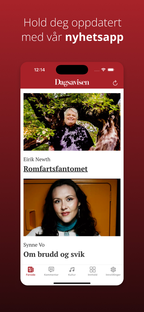 Dagsavisen mobile app news feed with articles and navigation menu