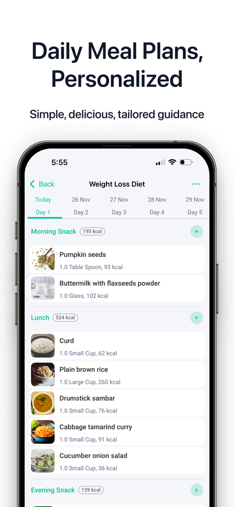 Hint Diet Plan Calorie Counter - Un plan de comidas personalizado para la pérdida de peso india en la aplicación Hint que muestra artículos de desayuno y almuerzo como sambar de drumstick y arroz integral.