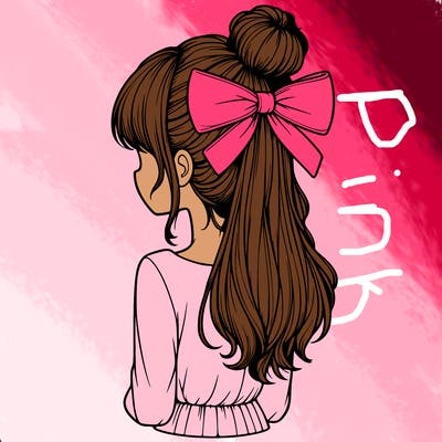 realistic girl  with hip length hair a bun and a big bow on the back of head