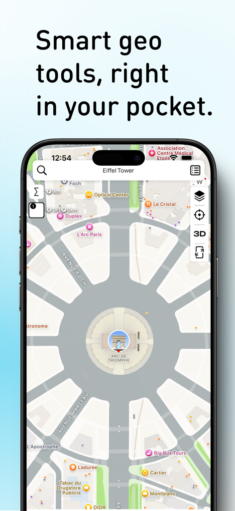 Planimeter: Area & Distance - Interface de l'application Planimeter sur un smartphone montrant une carte de l'Arc de Triomphe avec des outils de mesure