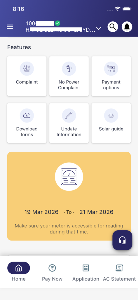 Torrent Power Connect - Torrent Power Connect app dashboard displaying utility features like payment options and meter reading schedule notification