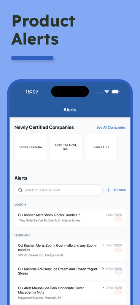 OU Kosher app screen showing product alerts and newly certified companies