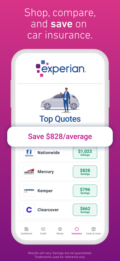 Experian® - Experian mobile app interface for comparing car insurance quotes and seeing potential savings from various providers