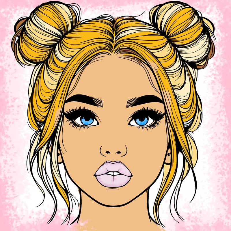 realistic girl with two buns on her hair and lips