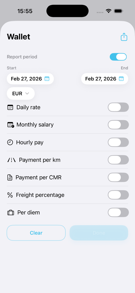iDrive Truck - Wallet settings screen in the iDrive Truck app for tracking driver income and expenses