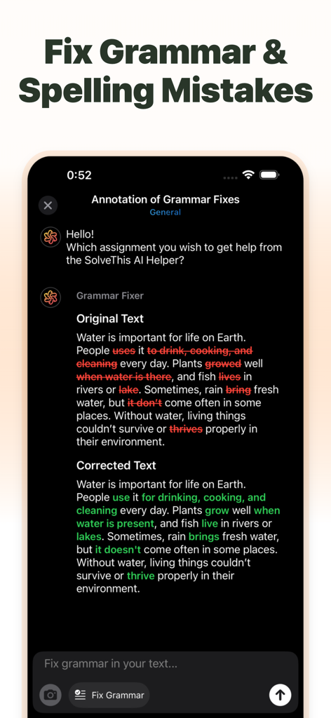 SolveThisアプリのインターフェース。学生のエッセイ段落に対するAIによる文法およびスペルチェックを表示。