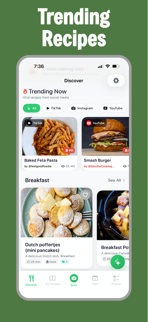 RecipeScan app interface showing trending social media recipes and breakfast options