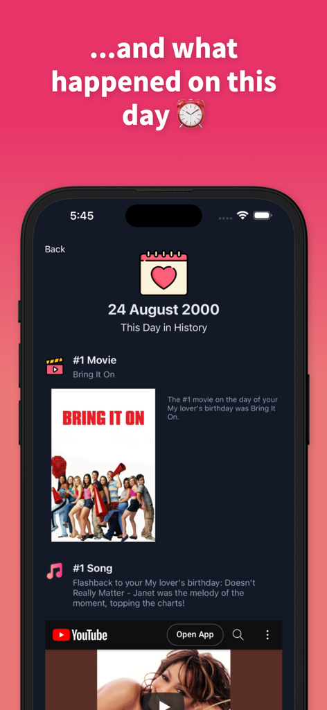 My Love Anniversary Tracker - Smartphone screen showing the This Day in History feature with the top movie and song from a specific anniversary date