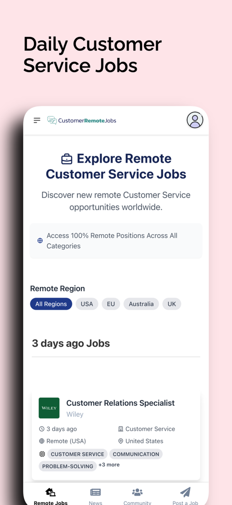 Customer Service Remote Jobs - Mobile App-Oberfläche von Customer Service Remote Jobs, die eine Stellenanzeige für einen Kundenbeziehungsmanager und Remote-Regionenfilter anzeigt