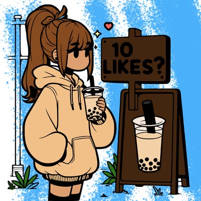 girl with oversized hoodie drinking boba and she has a high ponytail with a sign that says 10likes?