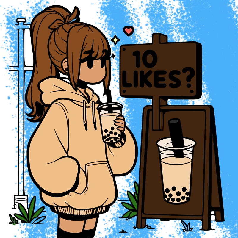 girl with oversized hoodie drinking boba and she has a high ponytail with a sign that says 10likes?
