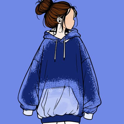 realistic girl with a oversized sweatshirt on and a bun