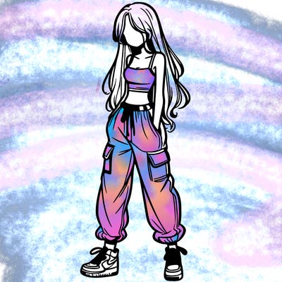 girl in baggy pants crop top and long hair