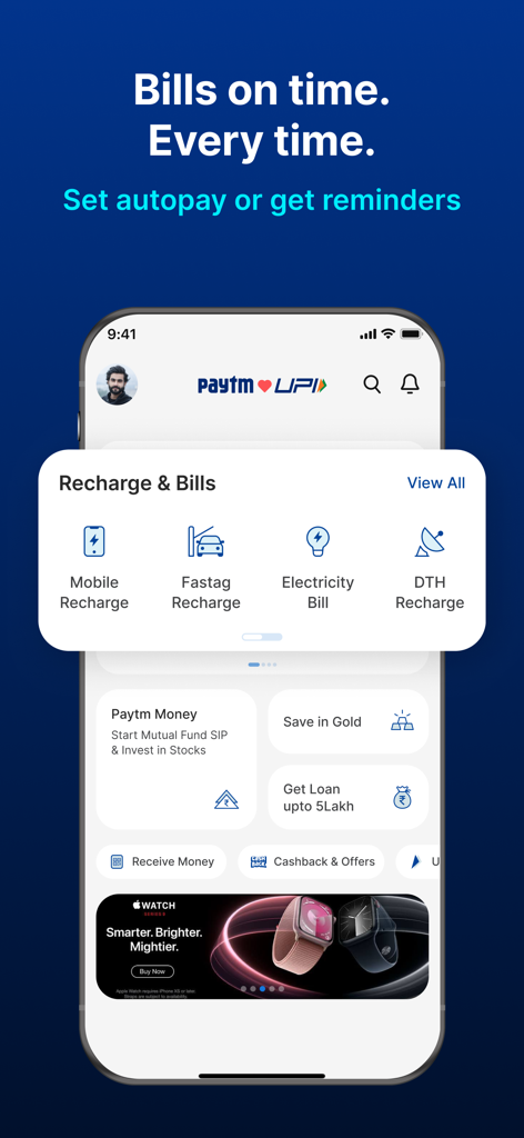 Interfaz de la aplicación Paytm que muestra opciones de pago de facturas de servicios públicos y recargas de móviles