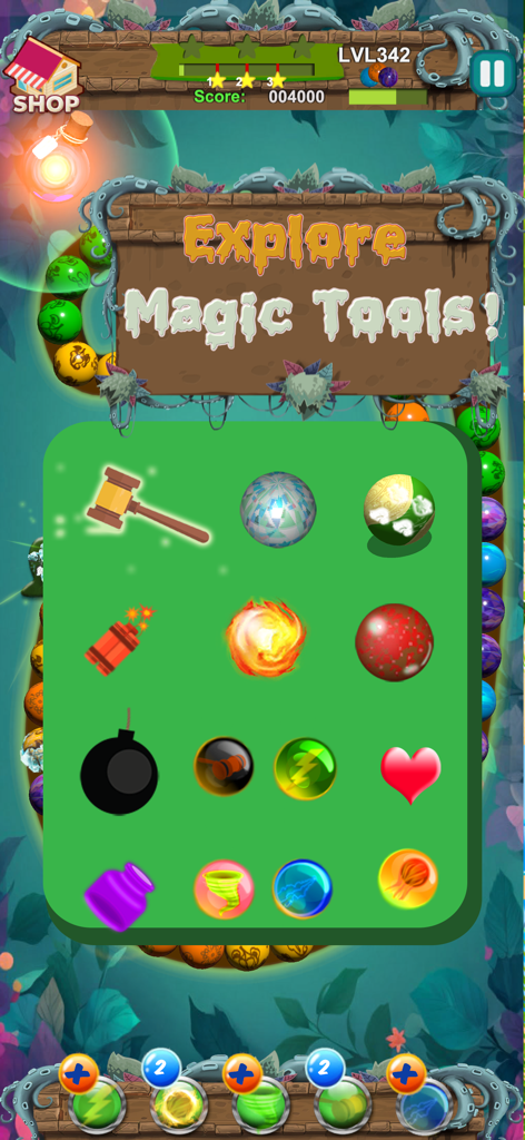 Marble Jungle: Blast Master 3D - In game menu displaying various magic tools and power up items for Marble Jungle Blast Master 3D
