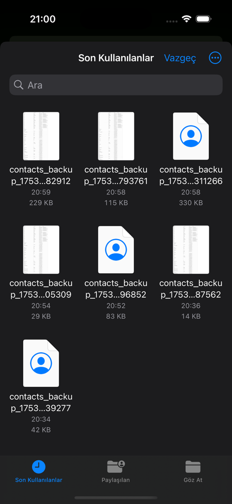 Contacts Backup- 3000 - Mobile screen showing multiple saved contact backup files ready for export or restore.