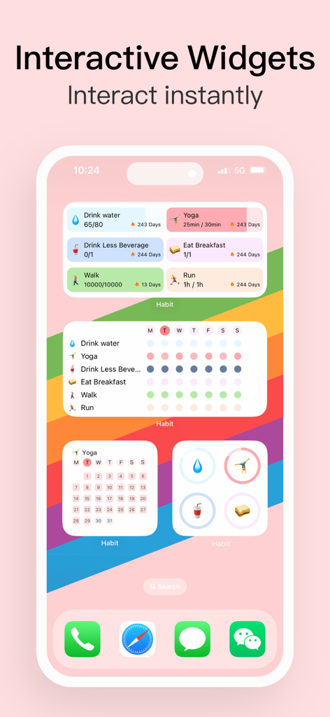 Habit Tracker app interactive widgets on an iPhone home screen displaying daily wellness goals and progress