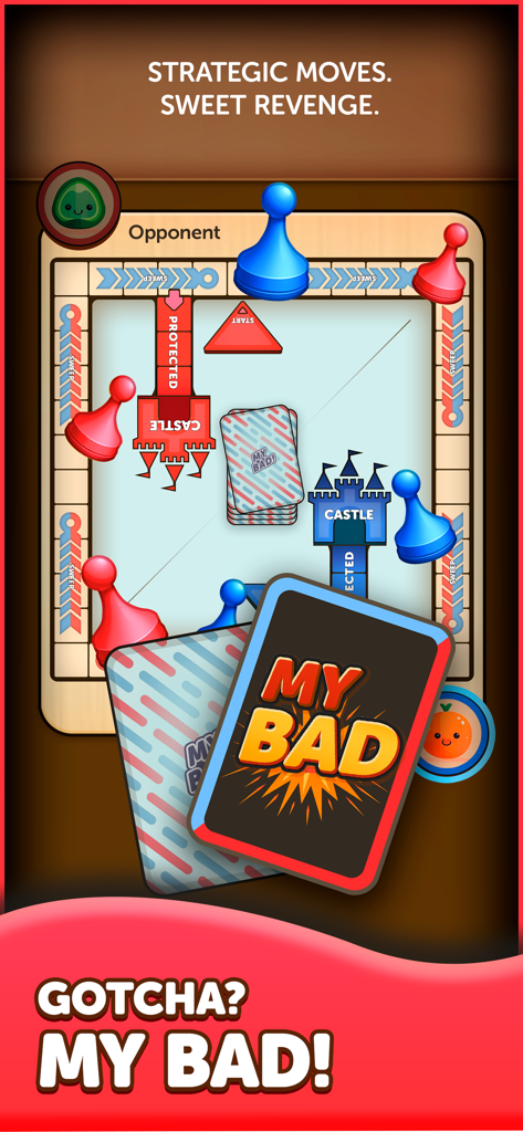 A 1v1 digital board game match in the My Bad app showing pawns and cards