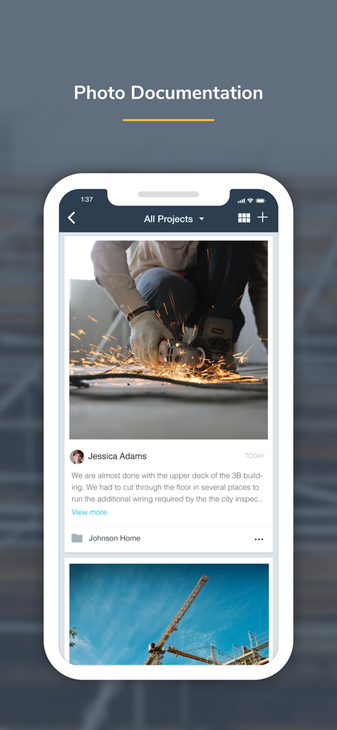 Mobile app interface for busybusy showing construction jobsite photo documentation