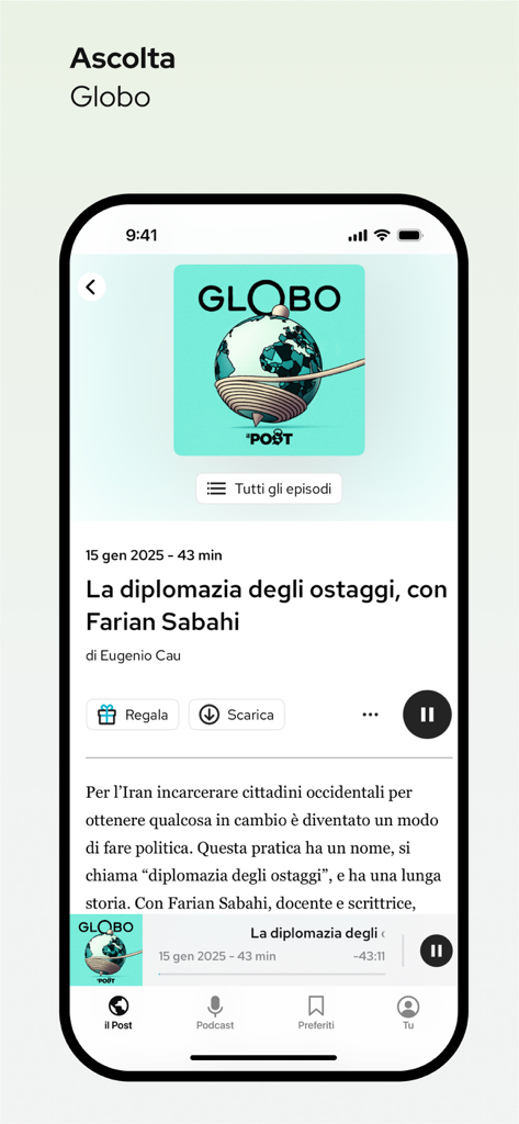 Il Post App - Il Post App-Oberfläche, die den Globo Podcast-Player-Bildschirm mit einer Episode über internationale Diplomatie anzeigt
