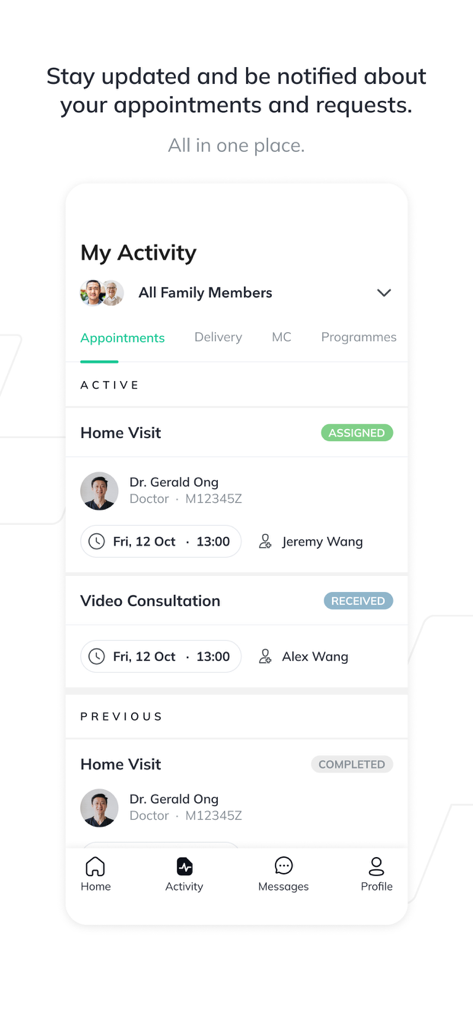 Speedoc: Virtual Hospital - Pantalla de actividad de la aplicación Speedoc que muestra citas médicas familiares activas y anteriores y visitas a domicilio