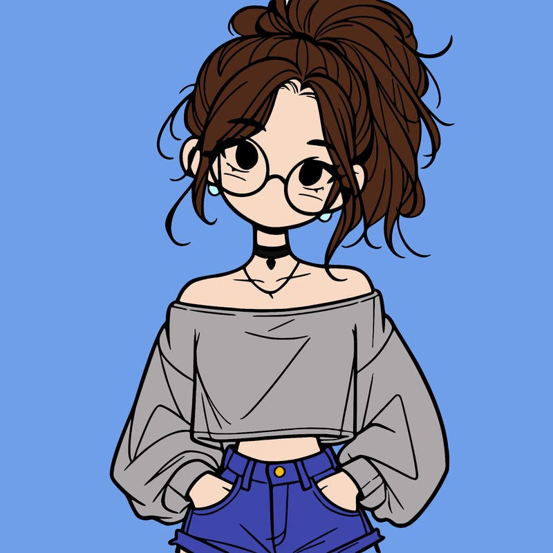 girl with a messy ponytail glasses a baggy crop top and jean shorts