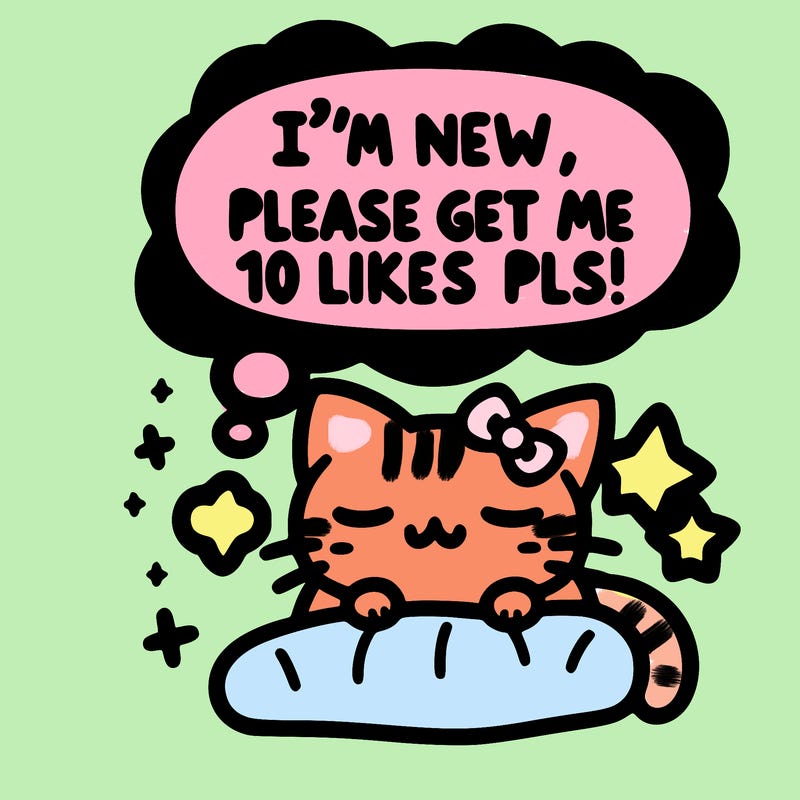 kitty taking a nap dream talking and saying "i'm new, please get me at least 10 likes pls!!"
