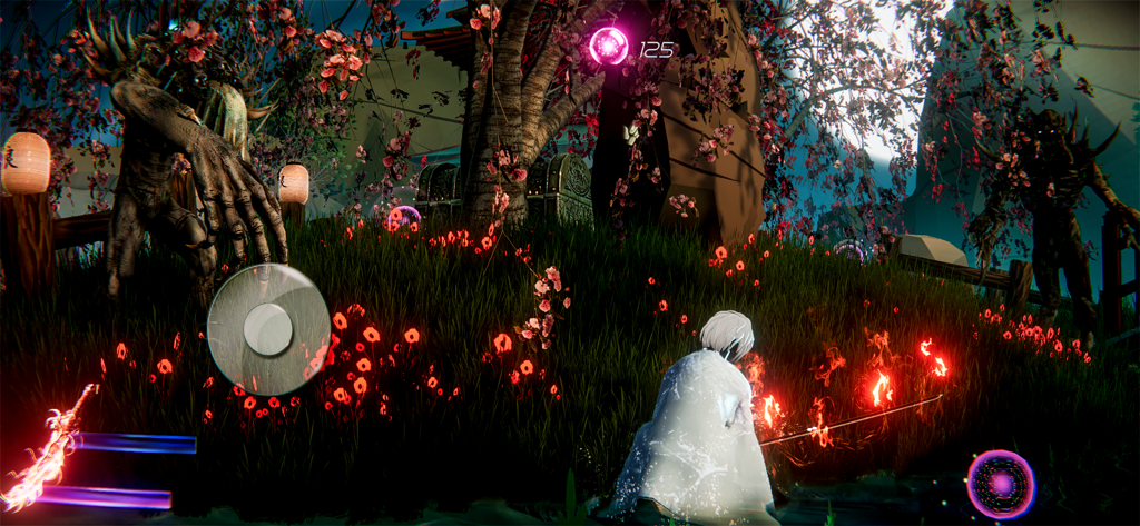 Demon RPG God. Hunter Blade 3D - A ninja in a white robe fights a large demon in a dark forest filled with cherry blossoms.