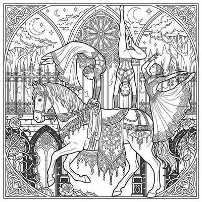 Discover the dramatic beauty of equestrian vaulting infused with a dark, mysterious Gothic aesthetic in this unique coloring page. Perfect for artists who love intricate details and a touch of melancholic elegance.