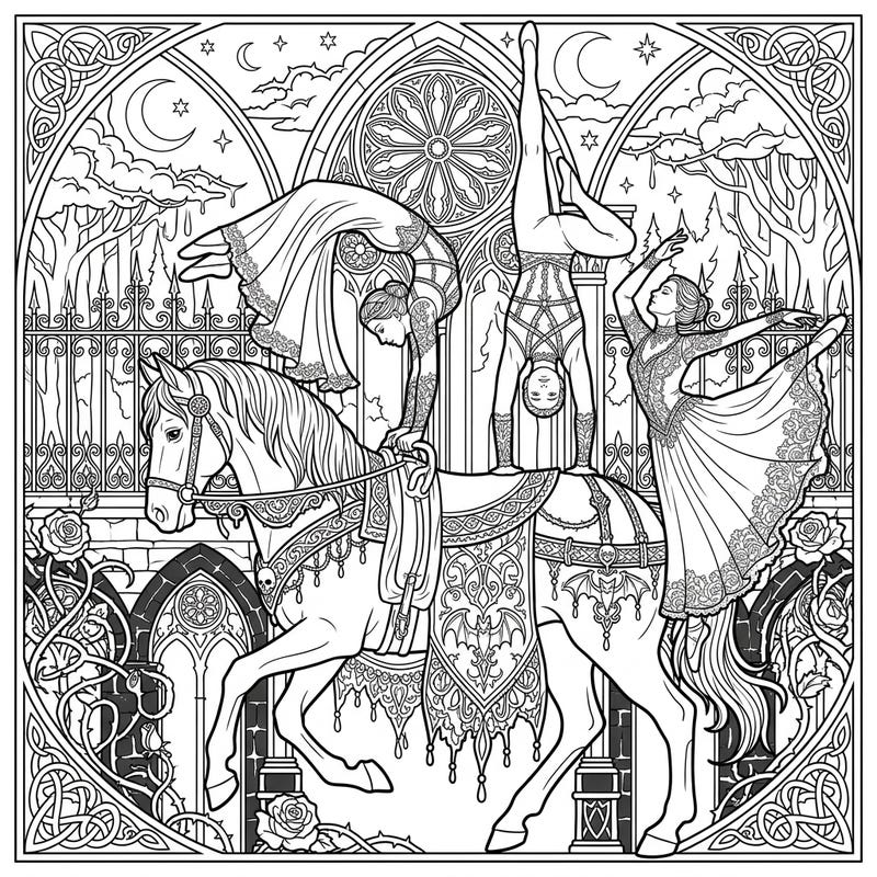 Discover the dramatic beauty of equestrian vaulting infused with a dark, mysterious Gothic aesthetic in this unique coloring page. Perfect for artists who love intricate details and a touch of melancholic elegance.