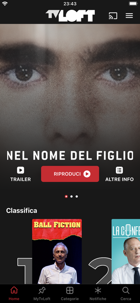 TvLoft - TvLoft app home screen displaying investigative documentaries and journalistic content in Italian